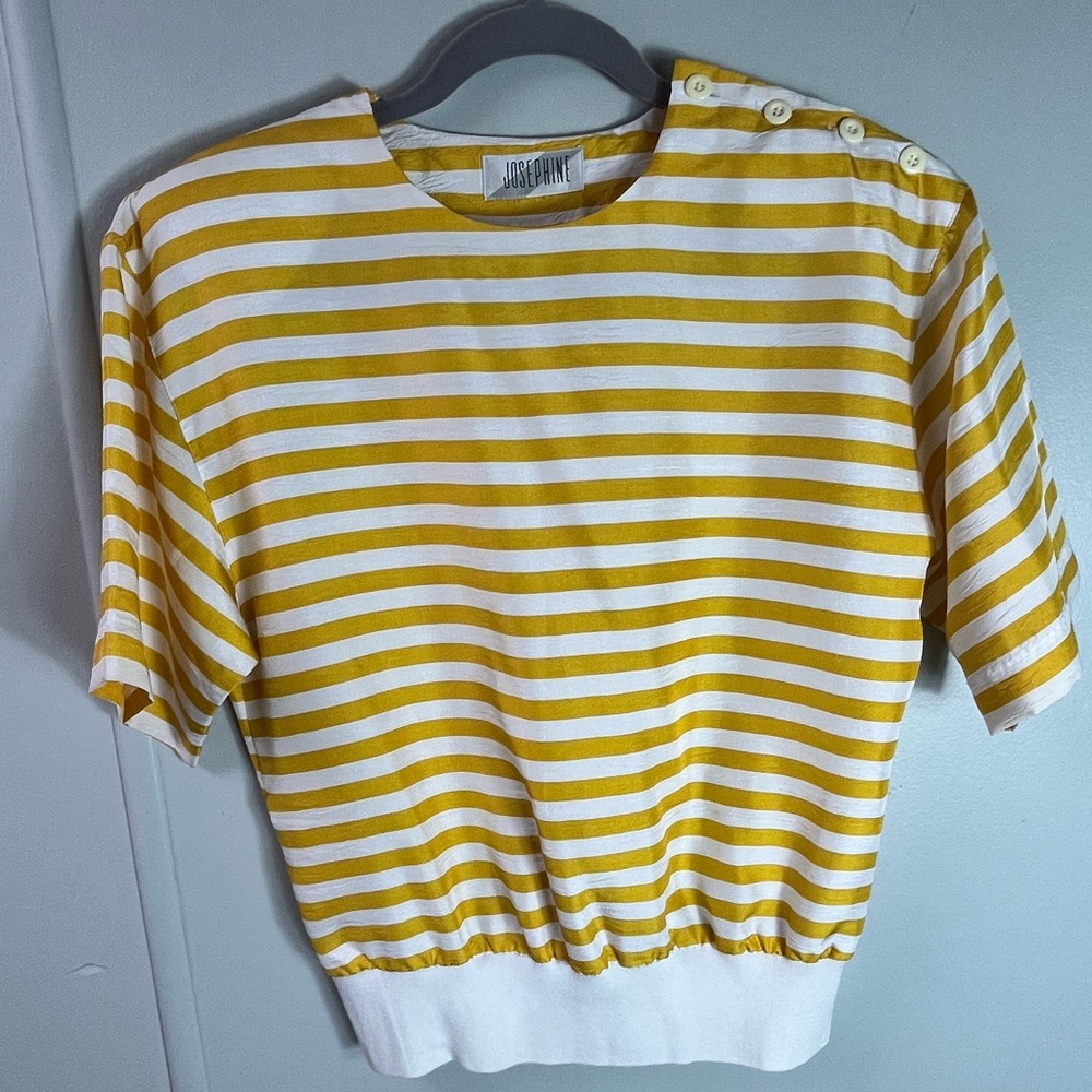 Vintage Josephine Yellow and White Striped Short Sleeve Blouse Size 10